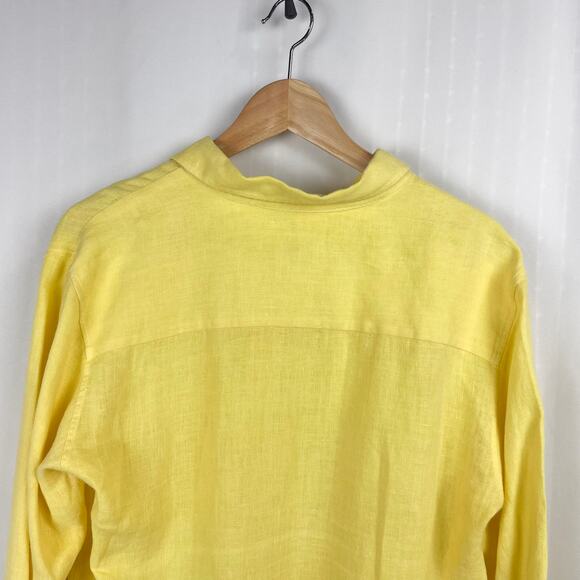 0039 Italy Button Up Shirt XL Yellow Linen Weave Long Sleeve Collared Blouse - Picture 7 of 13
